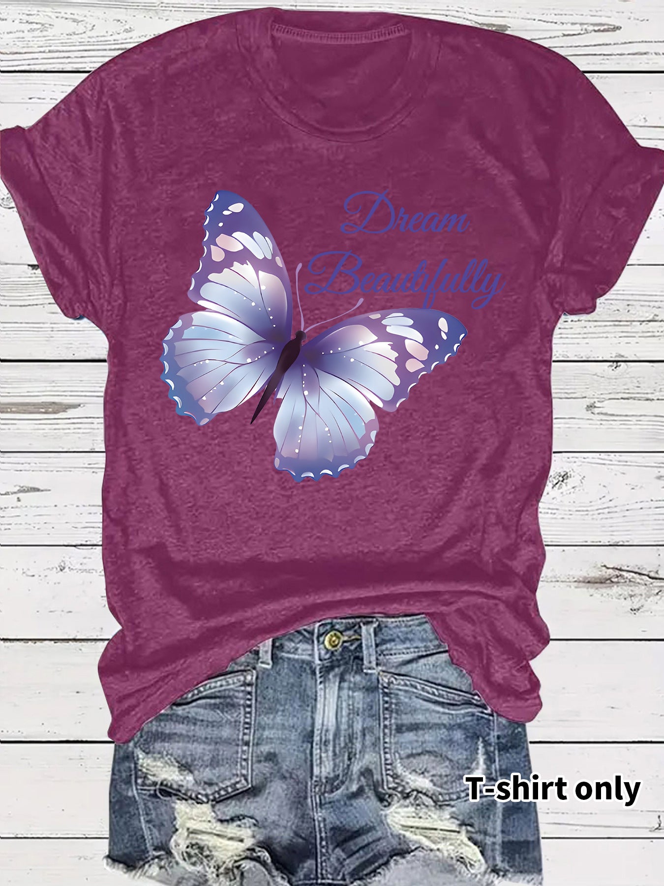 Round neck short sleeved women's T-shirt Dream butterfly print