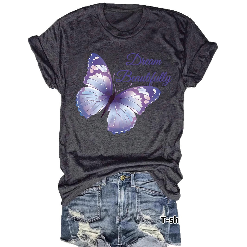 Round neck short sleeved women's T-shirt Dream butterfly print