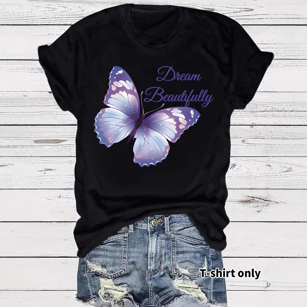 Round neck short sleeved women's T-shirt Dream butterfly print
